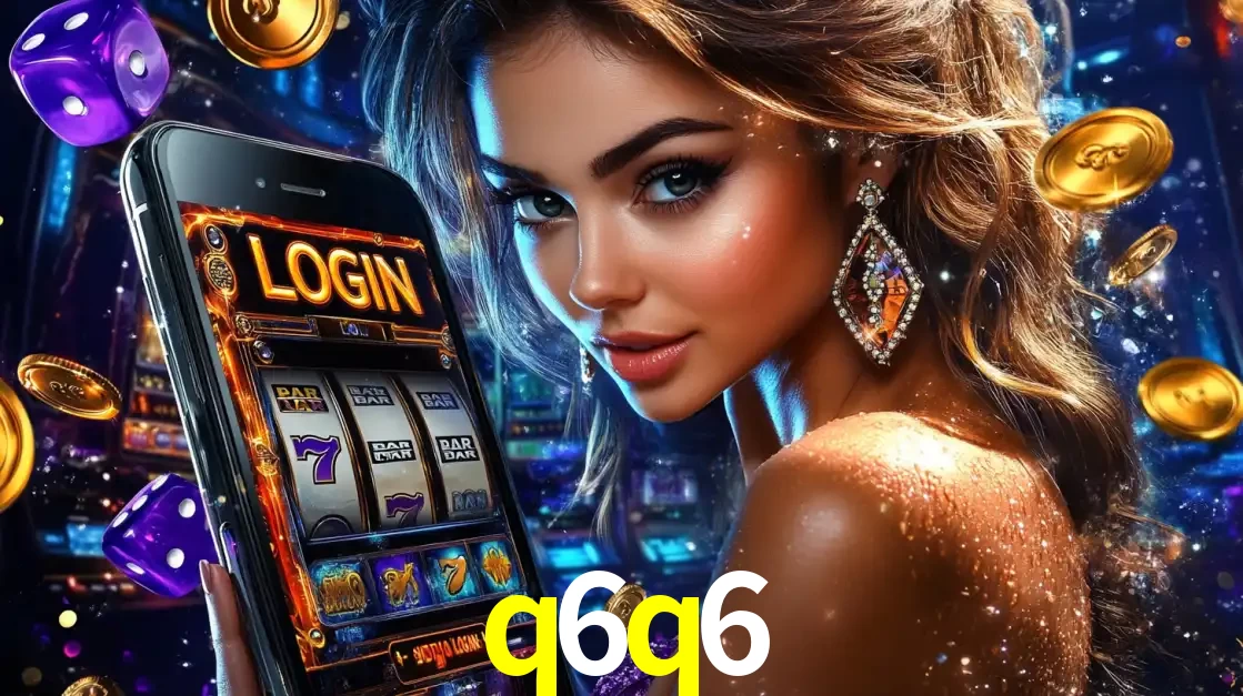 Mulher glamorosa segurando um smartphone com a tela de login para os jogos de caça-níqueis do cassino online q6q6, com moedas de ouro e dados ao redor.